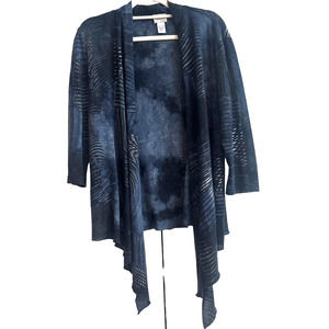 Chico’s Blue with Silver Metallic Boho Open front Elbow Length Sleeve Cardigan